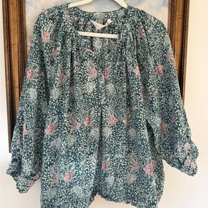 Natalie Martin- teal and pink blouse 100% silk
